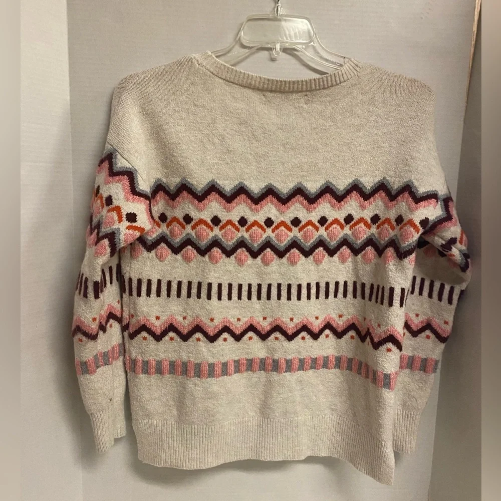 LOFT Wool Blend Fair Isle Cream Sweater with Pink and Brown Patterns Size S